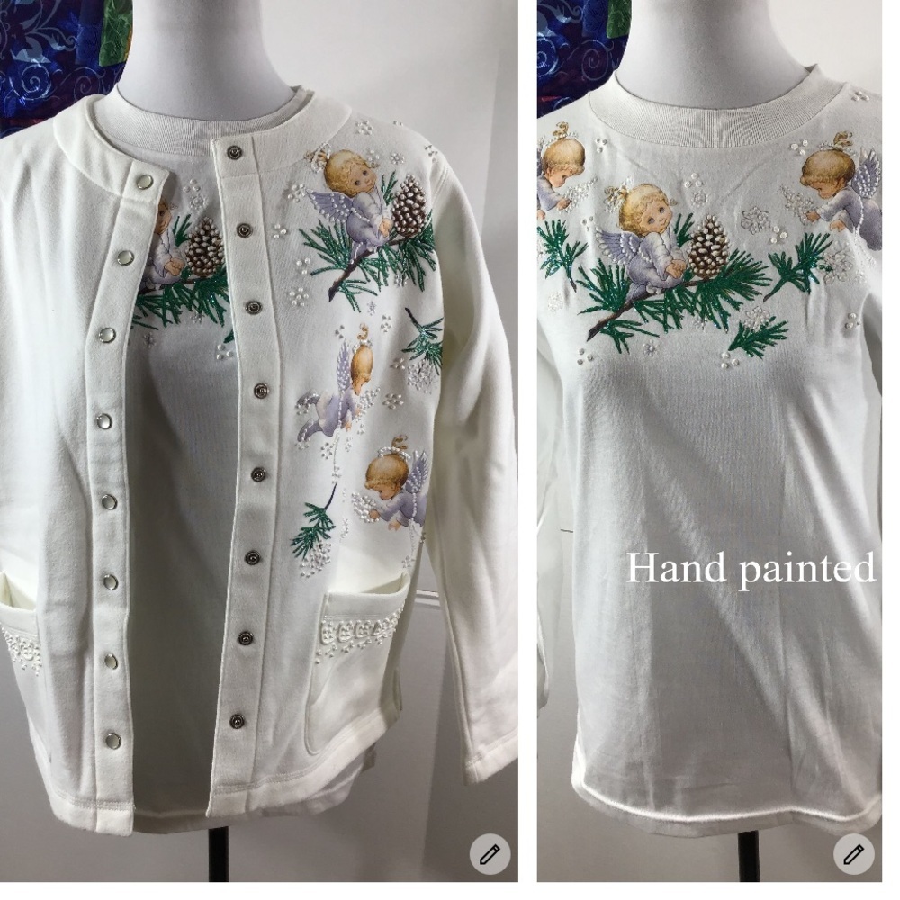 Vintage Hand Painted angels White Cardigan and Top Set NWT